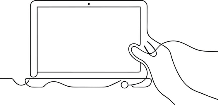 Hand touching laptop screen continuous line art style on transparent background.