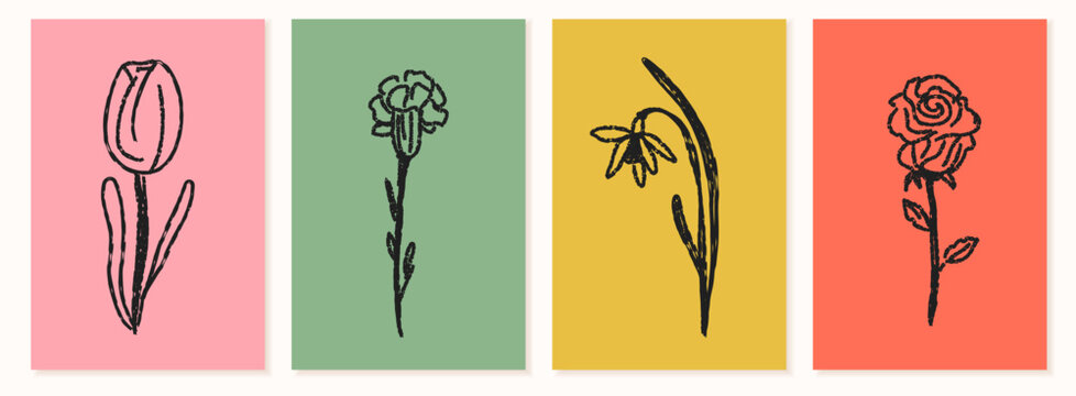 Grunge flower collection. Chalk brush spring florals poster set. Crayon wildflower sketches in doodle style. Hand drawn charcoal plants for tattoo, minimal designs, scrapbooking. Isolated vector illus