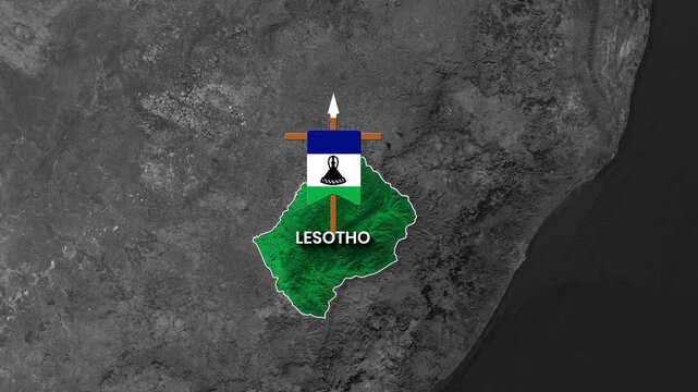 Animated Map of Lesotho Country Highlighted With National Flag on Satellite View