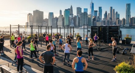 Obraz premium Group fitness class with city skyline background.