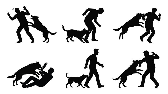 Silhouette illustrations of dog attacks on people in various aggressive poses