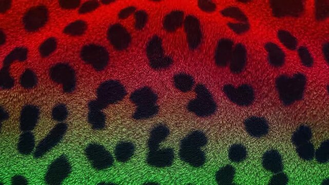 Colorful leopard print texture with black spots and a gradient of red to green.