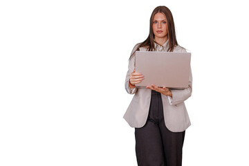 Fototapeta premium Professional woman standing, holding a laptop. Representing corporate innovation, online work, and digital communication. Transparent background