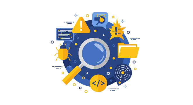 Software Debugging and Code Analysis Flat Vector Illustration with Magnifying Glass, Bug Icon, Warning Signs, and Data Folder for QA and IT Security Concepts