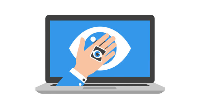 Digital Surveillance and Internet Privacy Concept: Hand Covering Eye on Laptop Screen with Hidden Camera Sticker