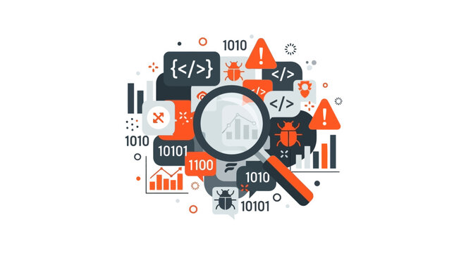 Software Debugging and Programming Code Analysis Illustration, Quality Assurance Testing and Cybersecurity Concept Vector