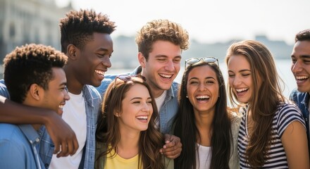 Obraz premium A Diverse Group of Young Friends Laughing Together in Bright Daylight, Capturing Joyful Friendship Moments