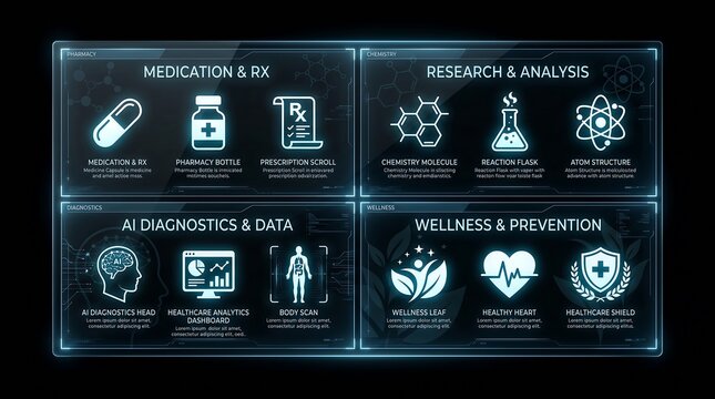Neon blue medical infographic with medication research ai diagnostics and wellness icons on black background