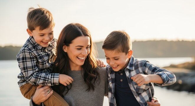 Mother and her two young sons sharing a joyful moment outdoors, bathed in warm sunlight