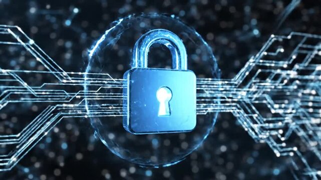 Digital padlock on a circuit board background.