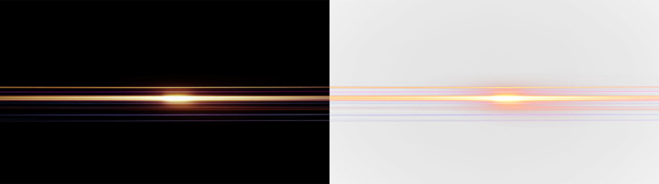 Bright light streaks isolated on transparent and black background, show movement and energy during a digital design process or visual effects creation, light overlay, PNG