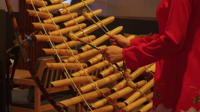 Vietnamese musician playing the traditional t'rng, a bamboo xylophone instrument, showcasing cultural heritage and the intricate art of ancient music, dressed in a traditional red ao dai