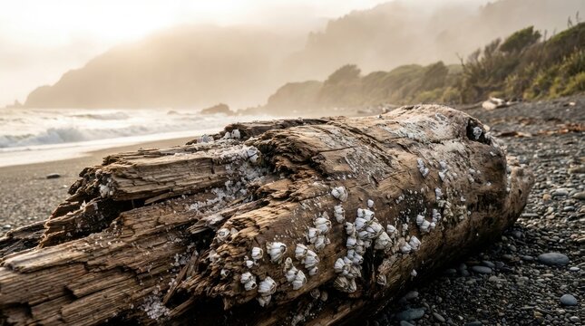 Close-up of weathered driftwood encrusted with barnacles on a misty beach