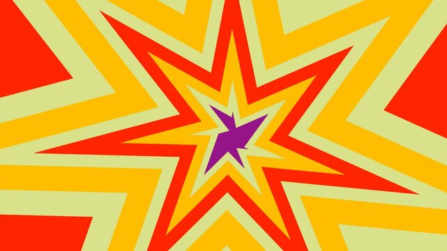 Looping psychedelic abstract background with colorful radial stripes and geometric starburst pattern, seamless flat animation with retro trippy vibe.