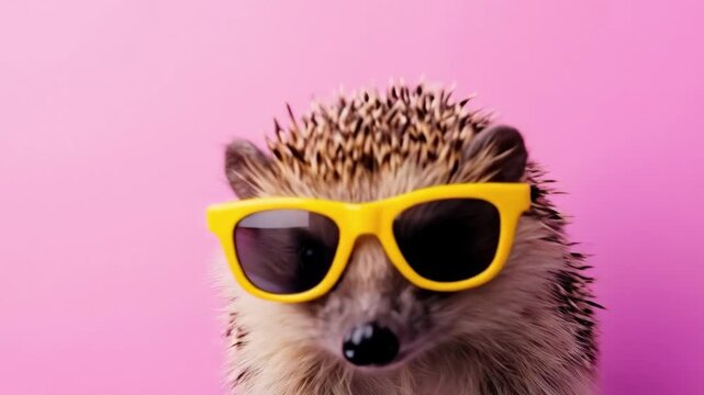 Stylish hedgehog in yellow sunglasses on pink background