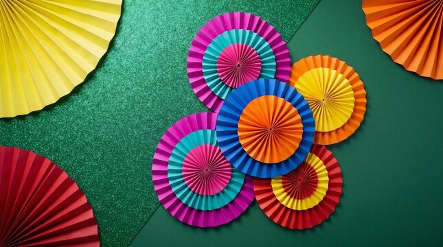 Colorful paper rosettes and fans on a green background