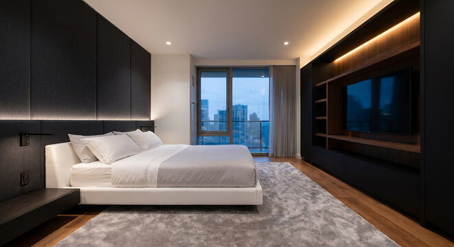 A modern bedroom with a large bed, a TV entertainment unit, and a city view through the window. The room features ambient lighting and a luxurious feel.