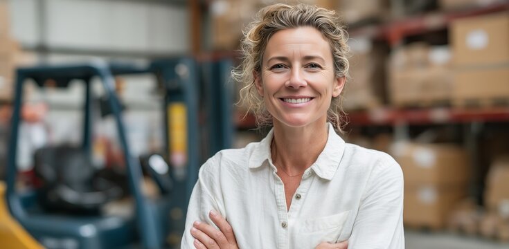 Smiling business woman warehouse manager in logistics storage facility