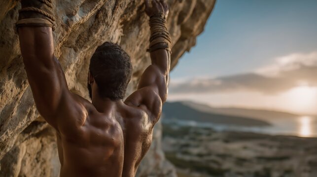 While traveling through a rocky valley, young Samson faces a charging lion with fearless strength, standing alone beneath the blazing midday sun.
