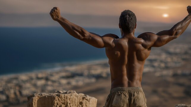 At dawn, Samson carries the massive city gates upon his shoulders across the hilltops, displaying extraordinary strength against the vast landscape below.
