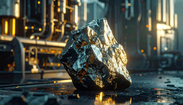Raw Ore: A massive, unrefined chunk of metallic ore sits on an industrial floor, reflecting the harsh, artificial lighting of a processing plant.