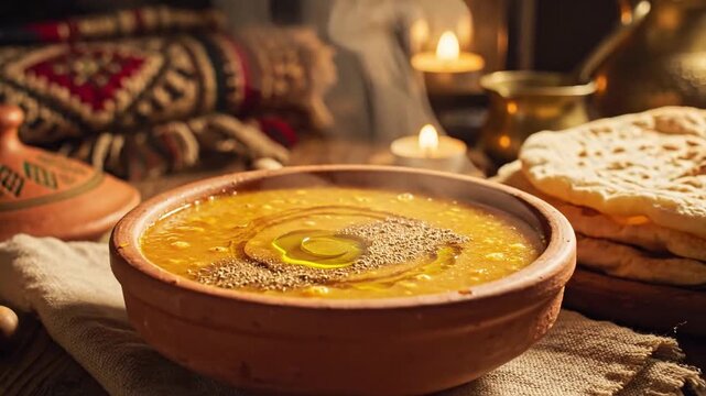 A close-up shot of a steaming bowl of hearty lentil soup, garnished with olive oil and spices, served with flatbread on the side.