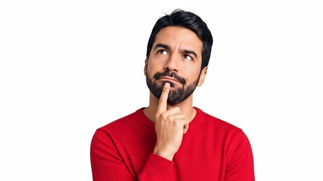 Thoughtful man in red sweater deep in contemplation