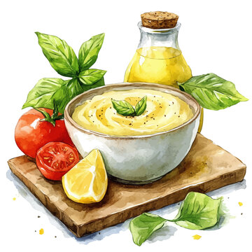 Hummus, clipart vector in watercolor style with flowing brushwork, isolated on a white background.