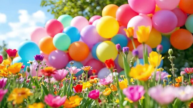 Colorful balloons and flowers in a vibrant outdoor celebration.