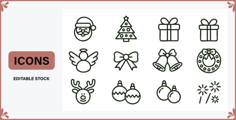 Christmas icons set including Santa Claus tree gifts angel bow bells ornaments reindeer fireworks isolated on white background © Badsha Mollik