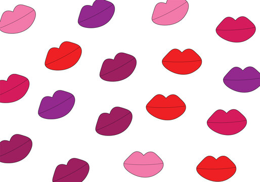 Colorful lips pattern background with pink red and purple kiss icons on gray backdrop, Seamless pop art lipstick print featuring scattered lip shapes in vibrant feminine colors