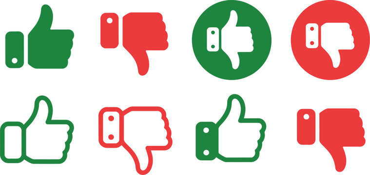Thumbs up, and thumbs down icons, green approval and red disapproval symbols for rating feedback and user reaction concepts.