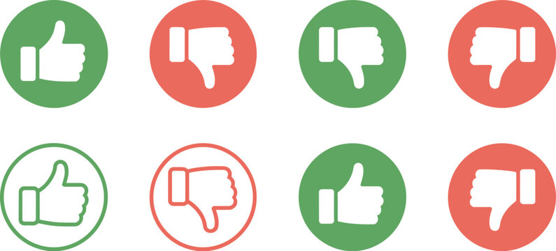 Thumbs up and thumbs down icons, green like and red dislike symbols for voting evaluation and opinion feedback graphics.
