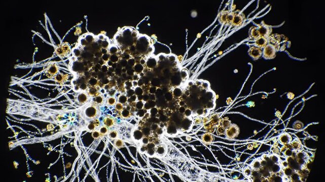Microscopic view of mold spores and hyphae under a microscope.