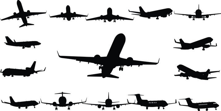 Comprehensive Collection of Aircraft Silhouettes Featuring Commercial Jets Private Planes and Passenger Airplanes in Various Flight Angles