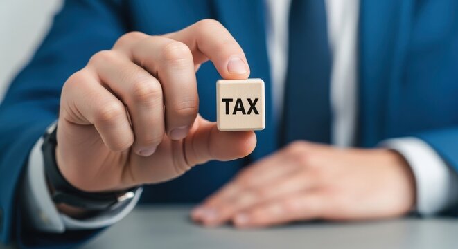 Tax word on wooden cube held by businessman, corporate financial planning and taxation concept, professional accountant managing tax return