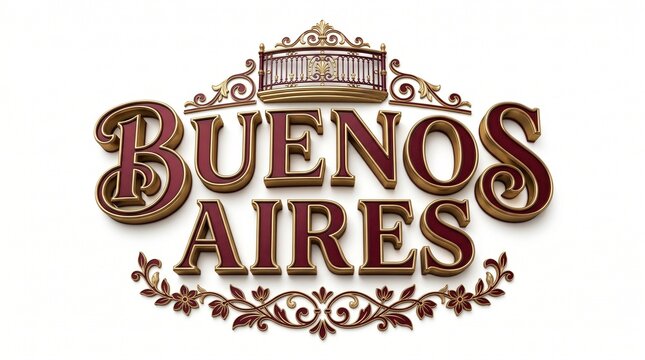 Elegant Buenos Aires text with ornate gold and burgundy lettering and decorative elements