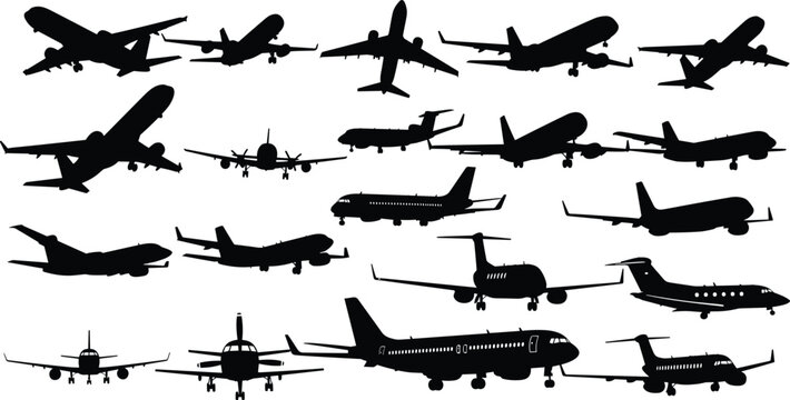 Large Collection of Airplane Silhouettes Including Commercial Passenger Jets Private Business Planes and Regional Cargo Aircraft