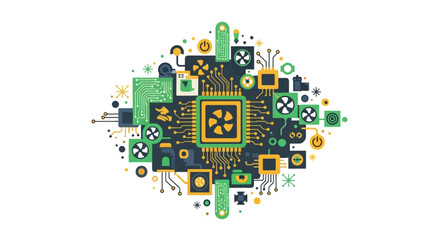 Fototapeta premium Flat Vector Illustration of Computer Hardware Components, CPU, and Circuitry for Technology and Engineering Concepts