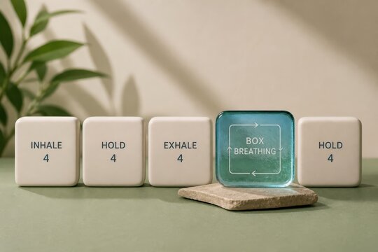 Box breathing exercise concept with numbered inhale hold exhale tiles and calm wellness setup