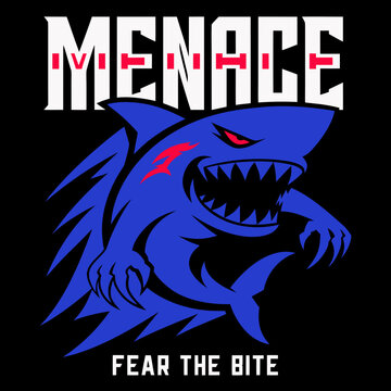 Menace shark logo featuring aggressive blue predator with sharp claws and fins including fear the bite tagline for esport organization.