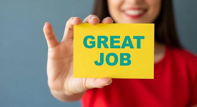Great Job message on yellow card held by smiling woman, positive feedback and employee recognition concept, motivational praise for success