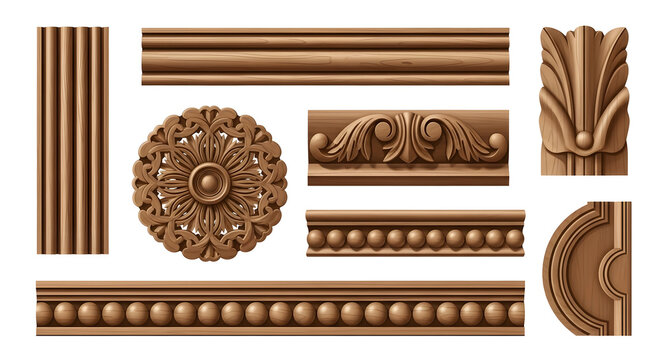 Set of classic decorative wood carvings, rosettes, and architectural moldings isolated on transparent background