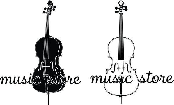 Music Store Logo Design Featuring Cello and Double Bass Silhouettes in Black and White Outline Style
