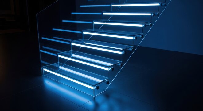 Modern Glass Stairs Featuring Integrated Blue LED Strip Lighting in Contemporary Interior Architecture