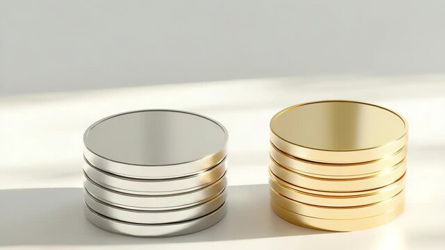 Two stacks of coins in silver and gold are placed side by side on a white surface. The light shines on the coins showing their colors. The setting is simple and clear