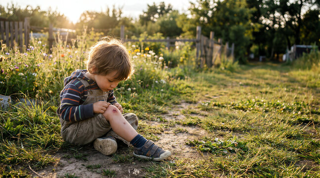 A focused young boy sits on a rural path during sunset, carefully examining a small scrape on his knee after playing outside in the sunny countryside garden.