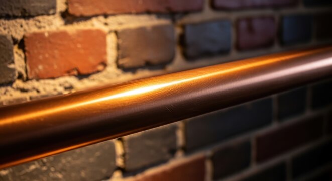 Polished copper pipe with a warm reddish-gold sheen against a textured brick wall