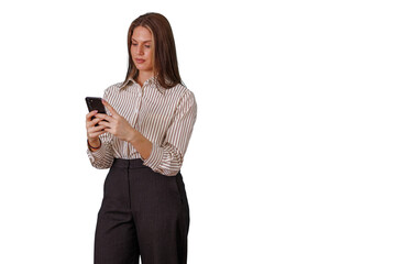 Fototapeta premium Businesswoman using smartphone for professional communication, networking, and digital tasks, with transparent background