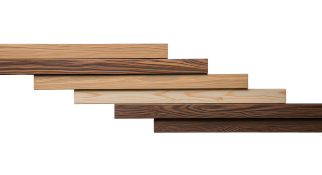 Staggered Set of Hardwood Flooring and Lumber Material Samples on Transparent Background